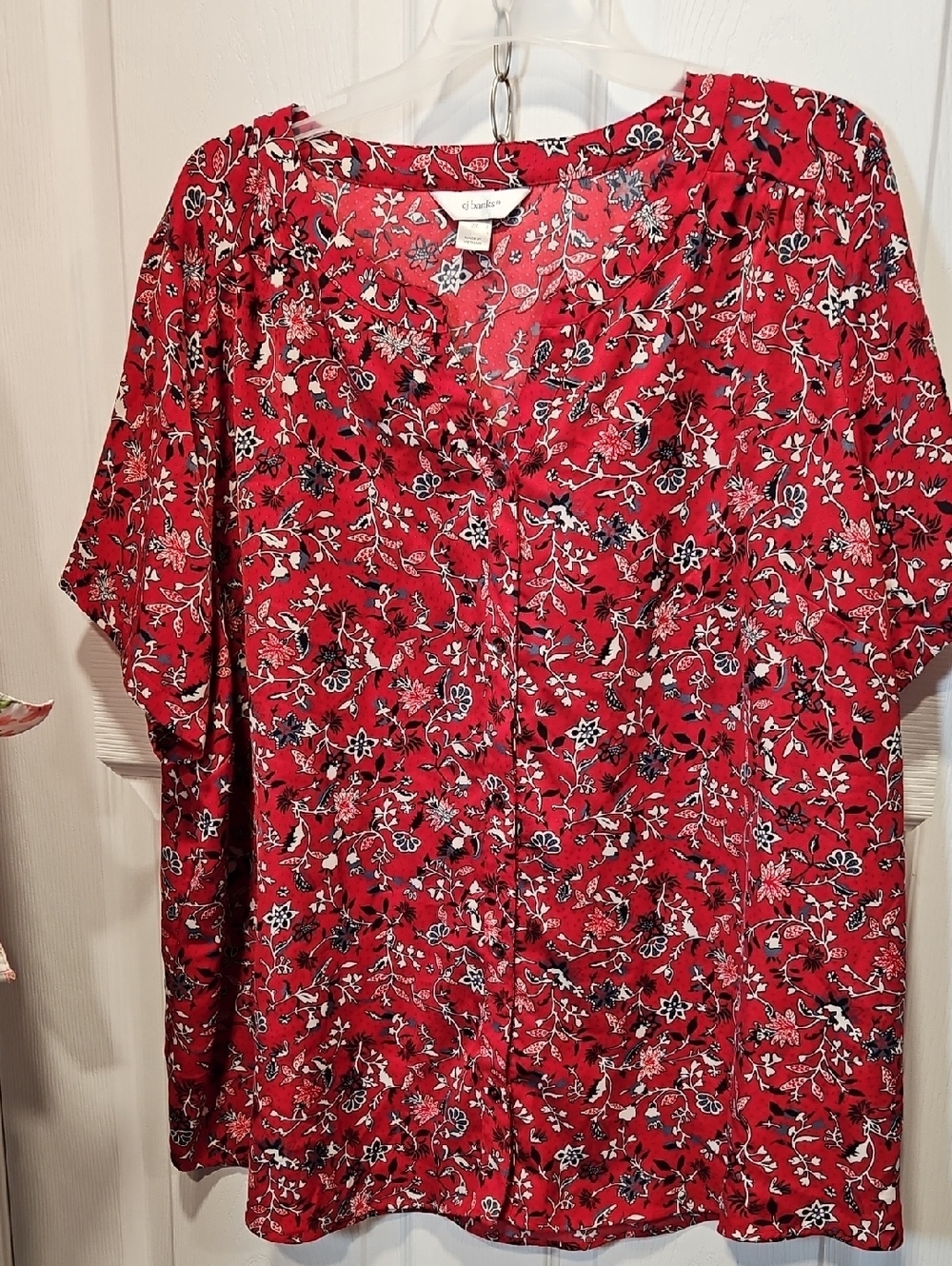 CJ Banks Red Floral Button Down Blouse